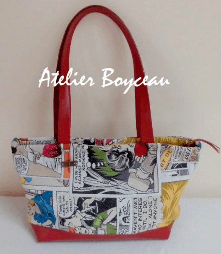 Comic strip fabric tote bag with leather detail