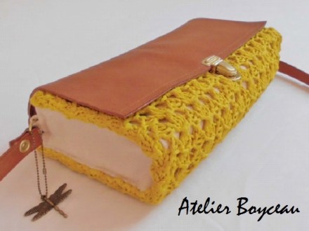 Handmade mustard yellow and brown hip bag with leather strap, detail overlay.